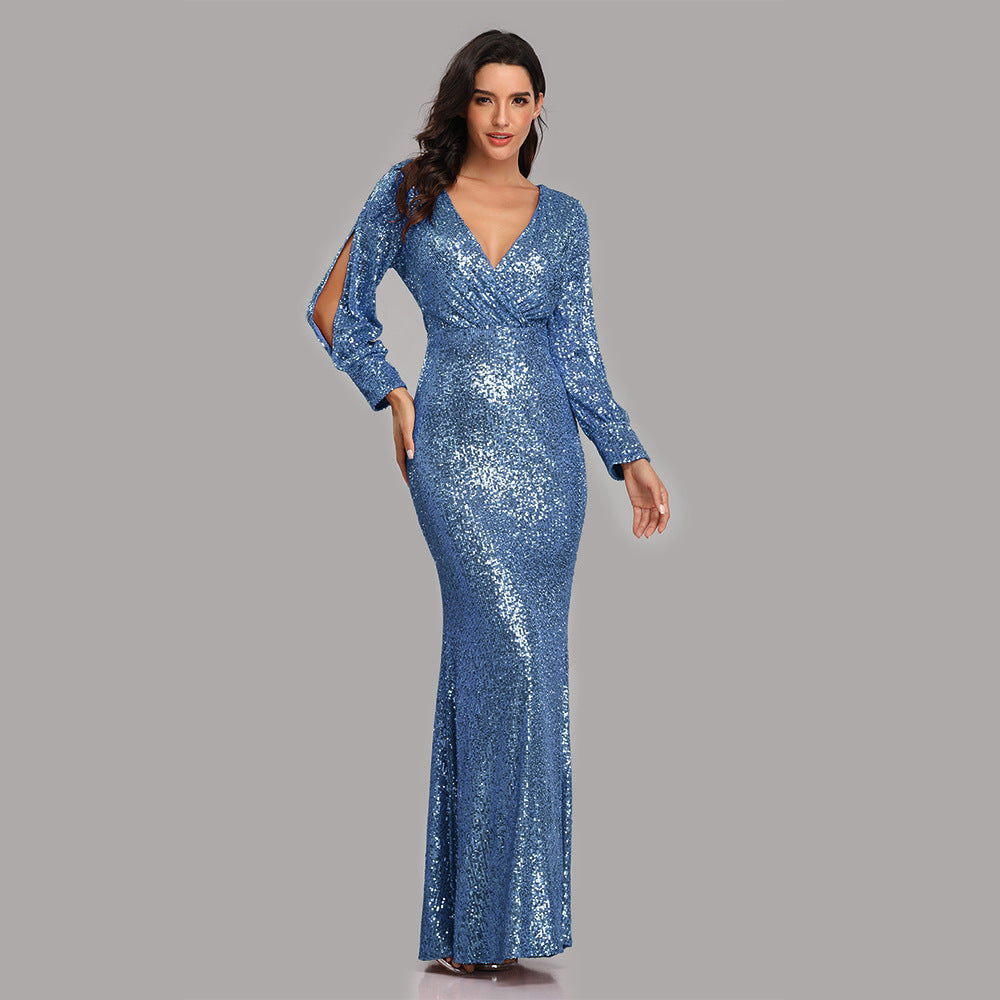 W&M Perfect Day Long-sleeve Floor-length Elegant Classic Blue Sequin Maxi Party Dress Will&Mariana W&M Perfect Day Long-sleeve Floor-length Elegant Classic Blue Sequin Maxi Party Dress Will&Mariana