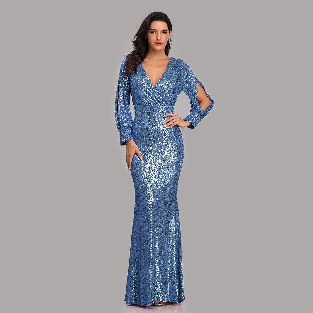 W&M Perfect Day Long-sleeve Floor-length Elegant Classic Blue Sequin Maxi Party Dress Will&Mariana W&M Perfect Day Long-sleeve Floor-length Elegant Classic Blue Sequin Maxi Party Dress Will&Mariana
