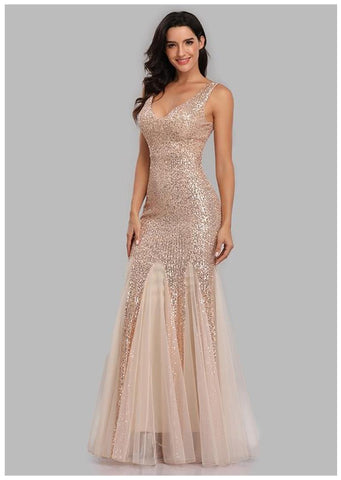 W&M True Star Shining Gold Sequin Floor-length Elegant Party Dress