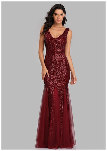 W&M True Star Burgundy Red Sequin Floor-length Elegant Party Dress