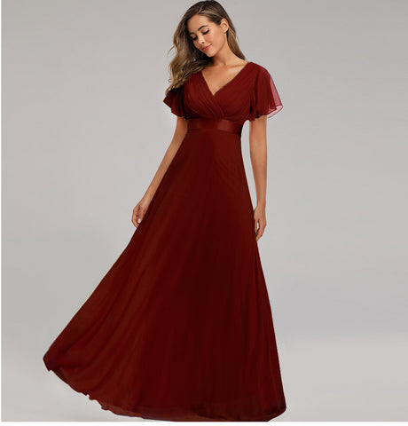 W&M Love of Romance Burgundy Red Flutter Sleeve A-line Elegant Maxi Party Dress