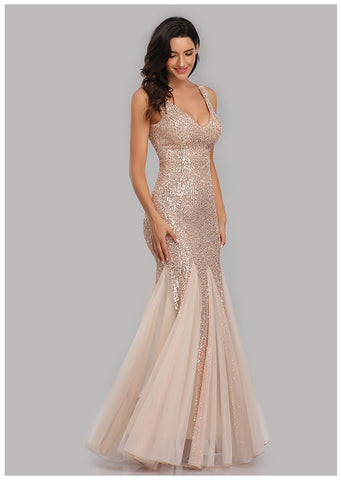 W&M True Star Shining Gold Sequin Floor-length Elegant Party Dress