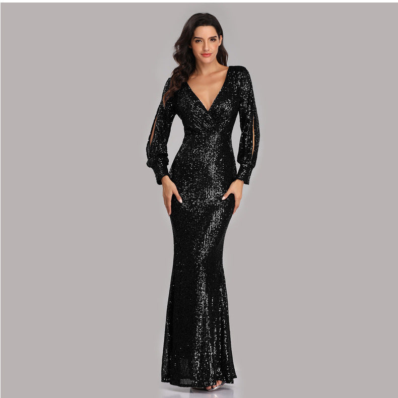 W&M Brightest Moment Long-sleeve Floor-length Elegant Classic Black Sequin Maxi Party Dress