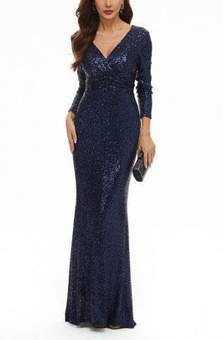 W&M Secret Garden Elegant Long Sleeve Navy Blue Maxi Party Dress