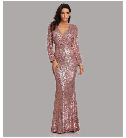 W&M Here for the Show Long-sleeve Floor-length Elegant Classic Pink Sequin Maxi Party Dress