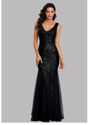 W&M True Star Classic Black Sequin Floor-length Elegant Party Dress