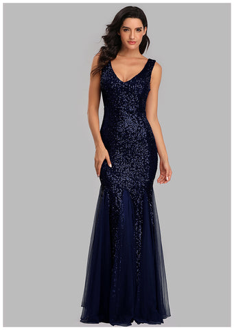 W&M True Star Navy Blue Sequin Floor-length Elegant Party Dress